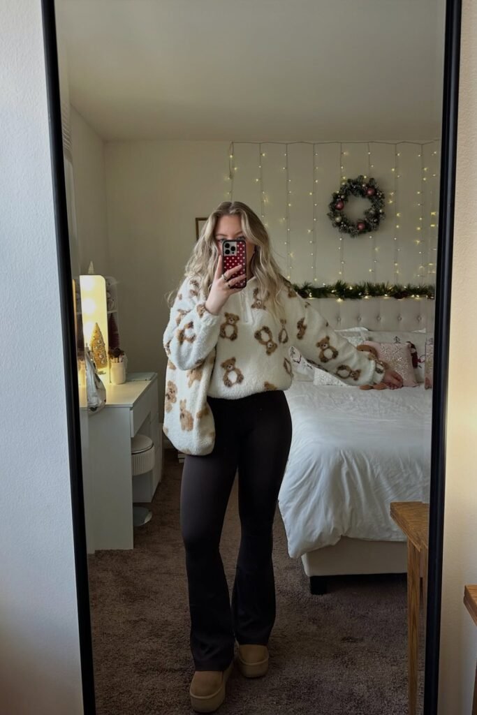 Teddy Bear Print Fleece + Black Flared Leggings + Tan Platform Boots