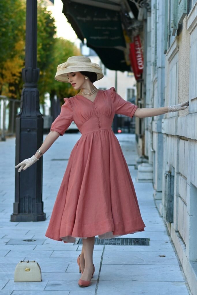 Terracotta Vintage-Style A-Line Dress + Cream Straw Boater Hat + Lace Gloves