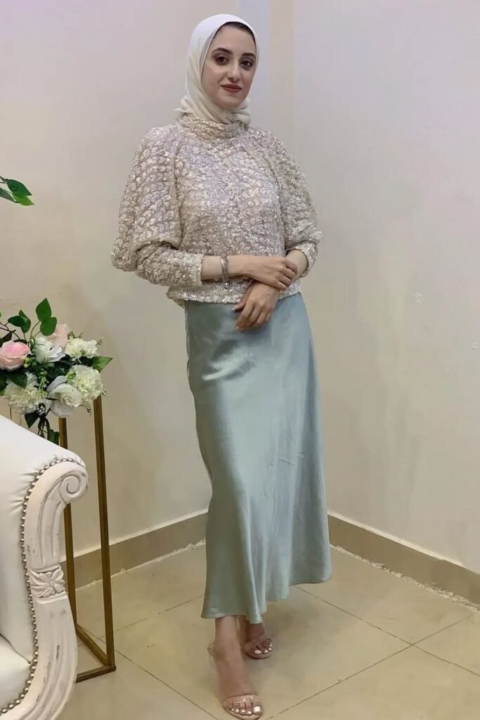 Textured Cream Puff-Sleeve Top + Sage Green Satin Maxi Skirt + Nude Strappy Heels