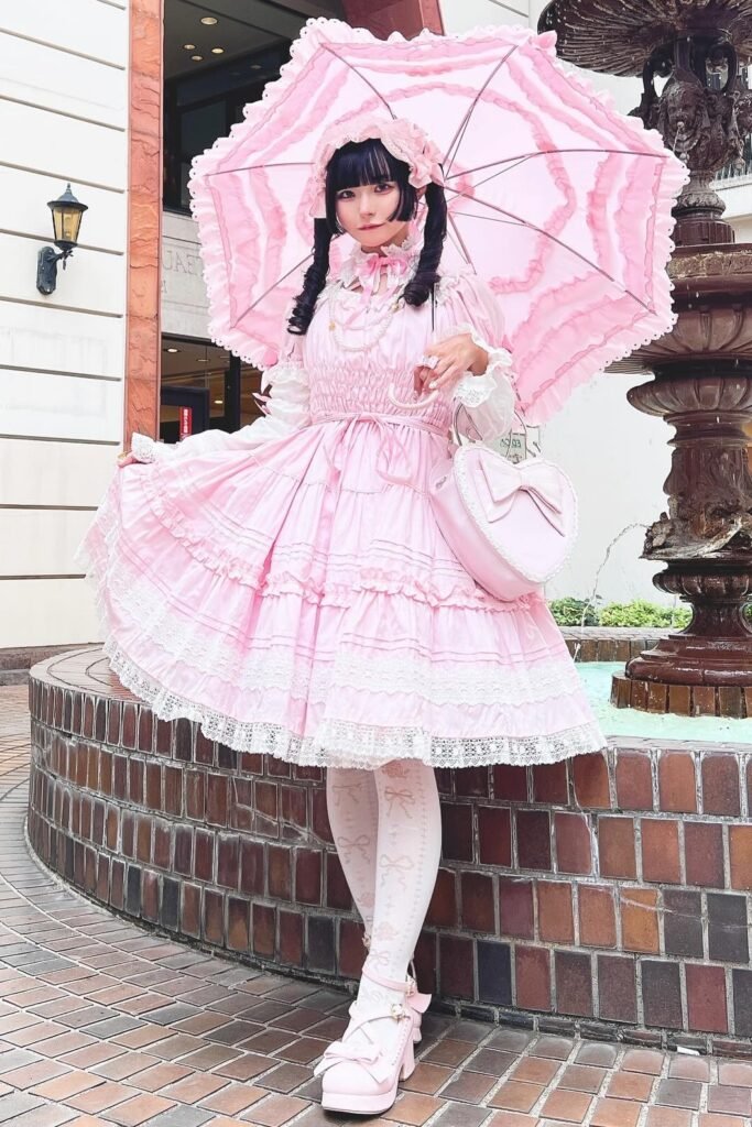 Tiered Pink Lolita Dress + Ribbon Patterned Tights + Pink Platform Mary Janes