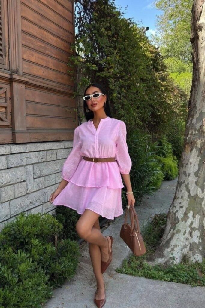 Tiered Pink Mini Shirt Dress + Brown Waist Belt + Brown Handbag + Brown Pointed Flats