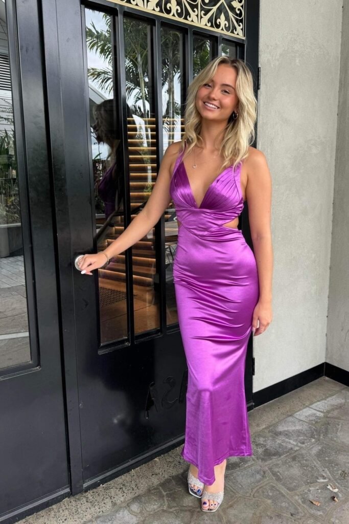 Vibrant Purple Satin Cut-Out Gown + Pleated Bodice + Silver Embellished Heels