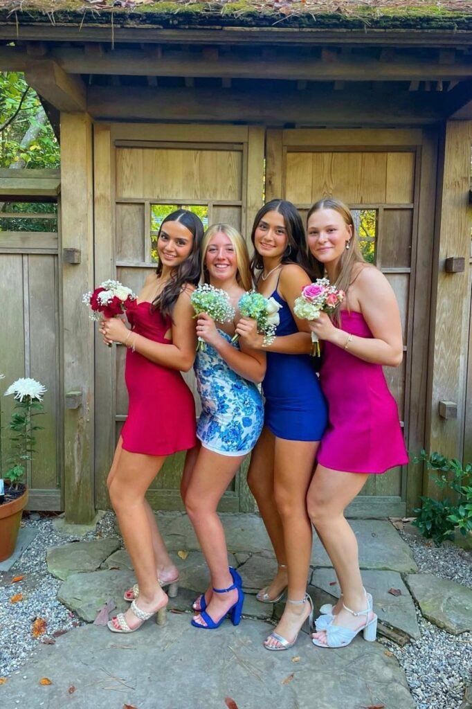 Vibrant Satin and Floral Mini Dresses + Assorted Block Heels + Miniature Bouquets