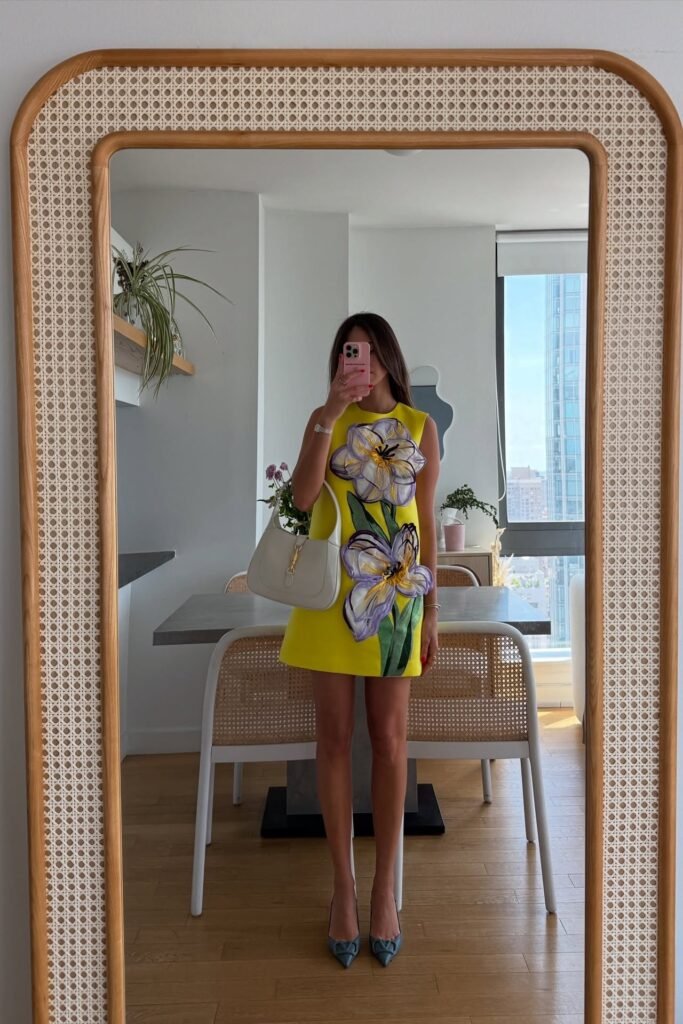 Vibrant Yellow Mini Dress with Large Floral Appliqué + White Gucci Jackie Bag + Dusty Blue Pointed-Toe Heels