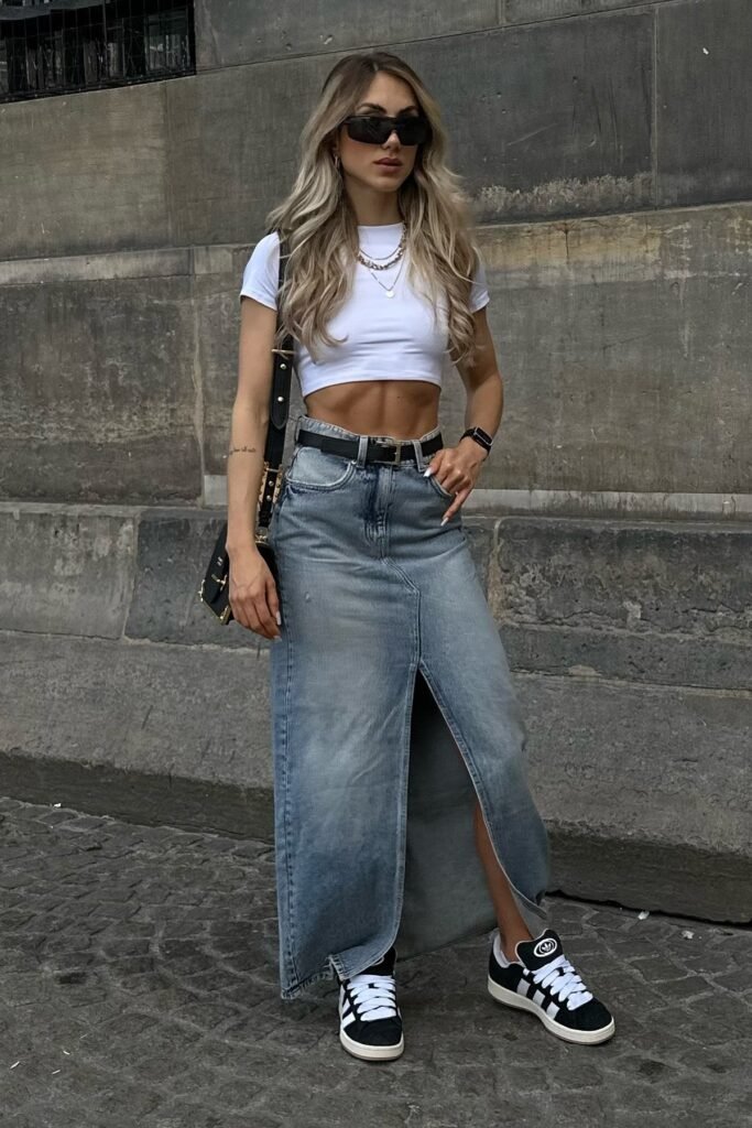 White Baby Tee + Faded Denim Maxi Skirt + Black and White Suede Sneakers