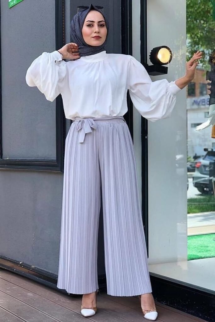 White Balloon-Sleeve Blouse + Grey Pleated Wide-Leg Pants + White Pointed Heels