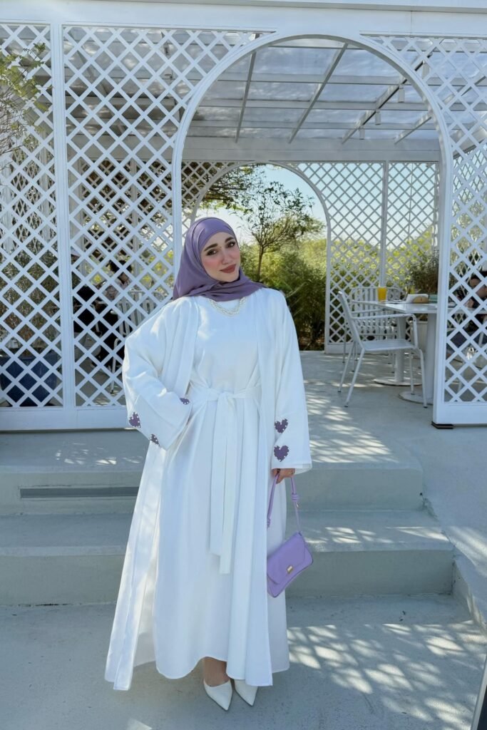 White Belted Abaya + Purple Hijab + Matching Purple Handbag