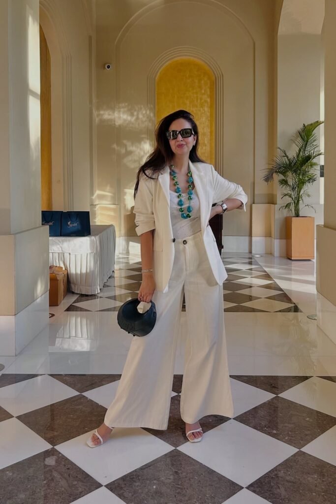 White Blazer + White Graphic Tee + White Wide-Leg Trousers + White Strappy Heels
