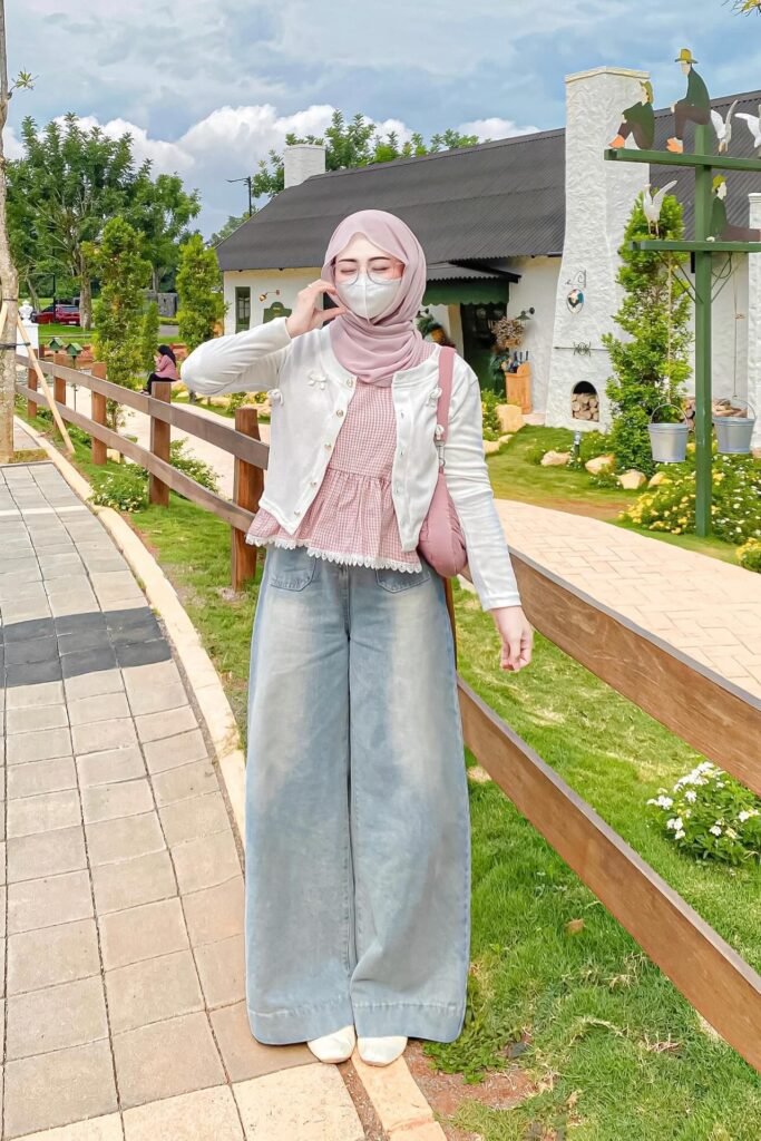 White Bow-Detail Cardigan + Pink Gingham Peplum Top + Light Wash Wide-Leg Jeans + Dusty Pink Hijab
