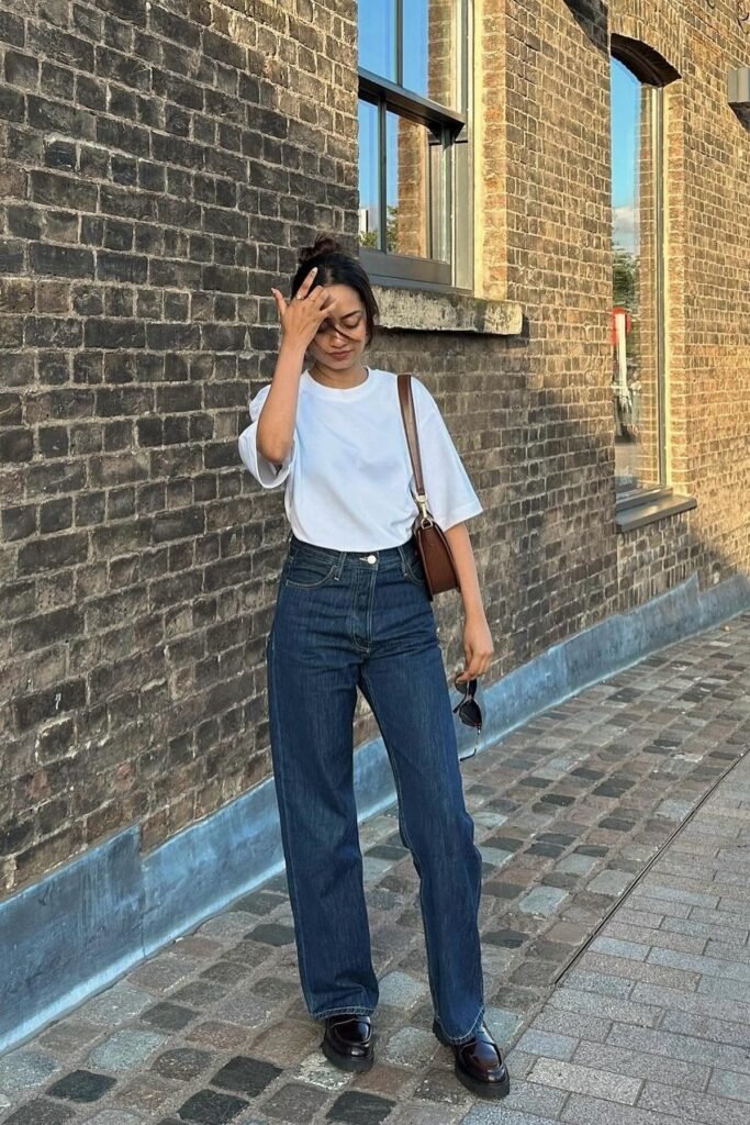 White Boxy T-shirt + Dark Wash Straight Jeans + Brown Loafers