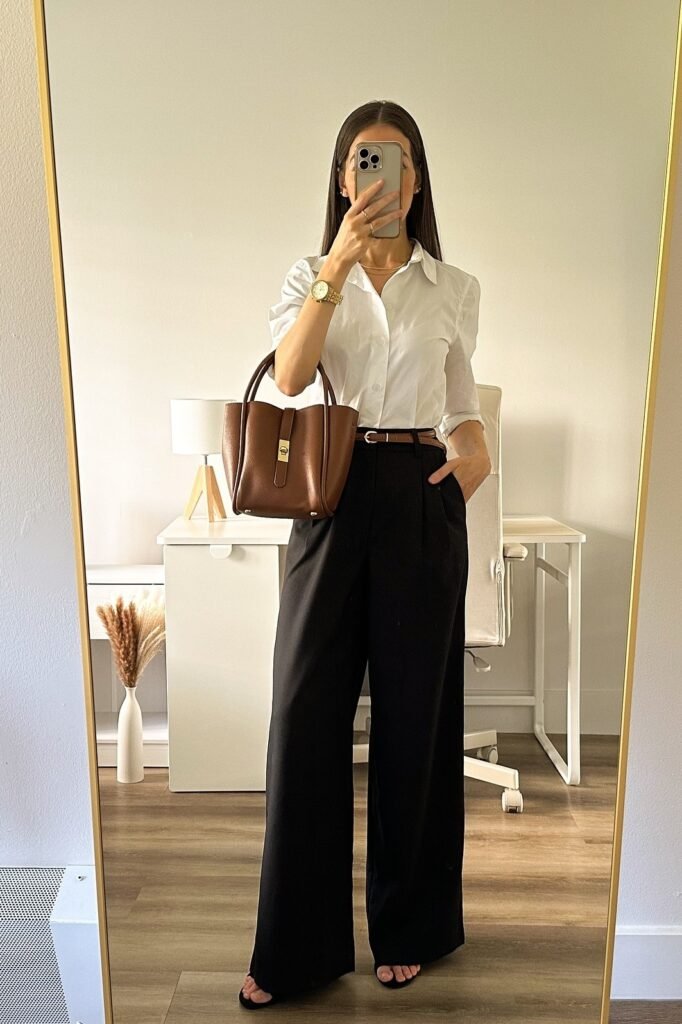 White Button-Down Shirt + Black Wide-Leg Trousers + Black Strappy Sandals