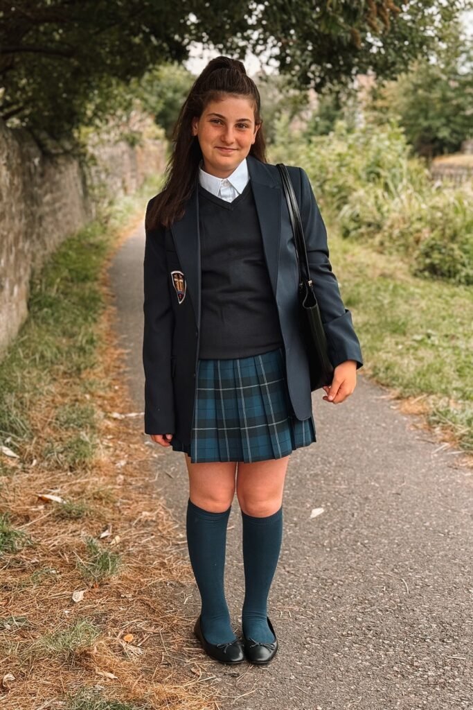 White Button-Down Shirt + Navy V-Neck Sweater + Navy Blazer + Teal Plaid Pleated Skirt + Teal Knee-High Socks + Black Ballet Flats
