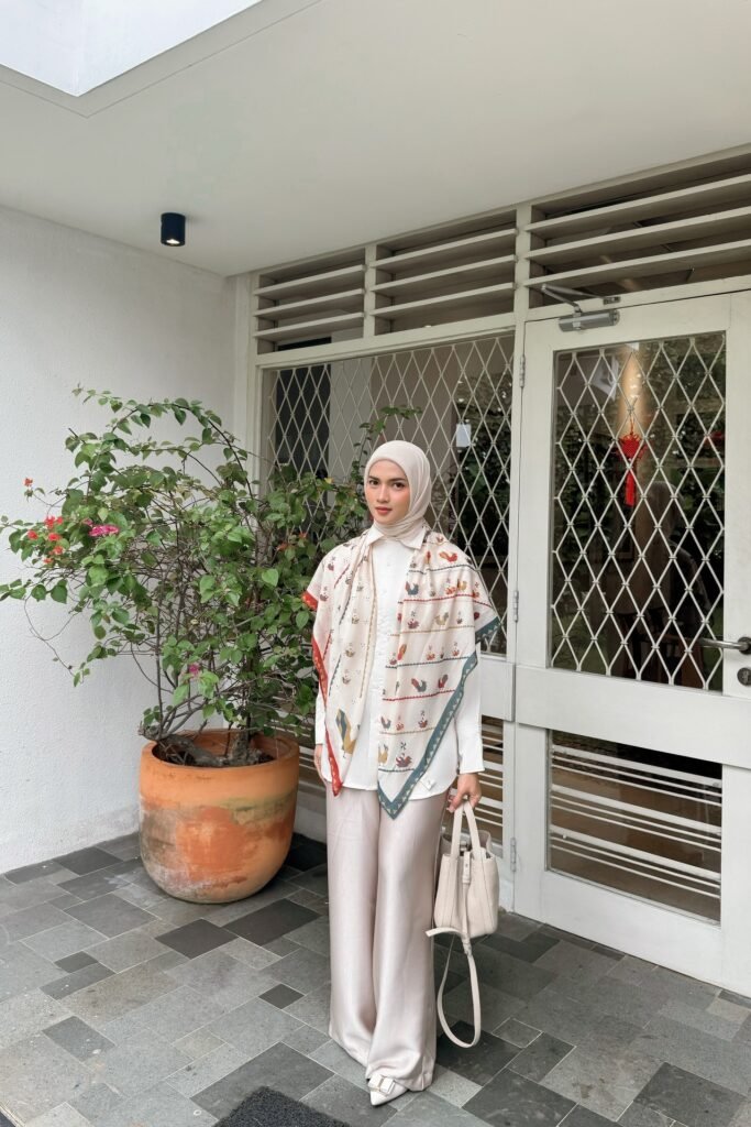 White Button-Down Shirt + Silk Champagne Wide-Leg Trousers + Patterned Scarf Overlay