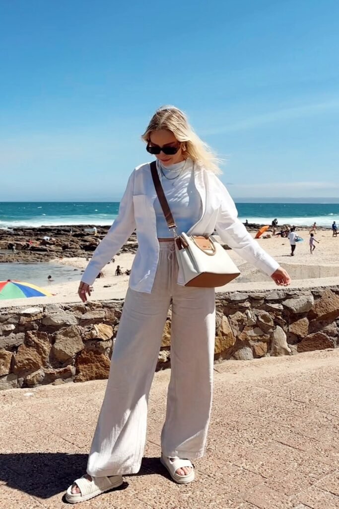 White Button-Down Shirt + White Cropped Tee + Beige Linen Wide-Leg Pants + White Platform Slides