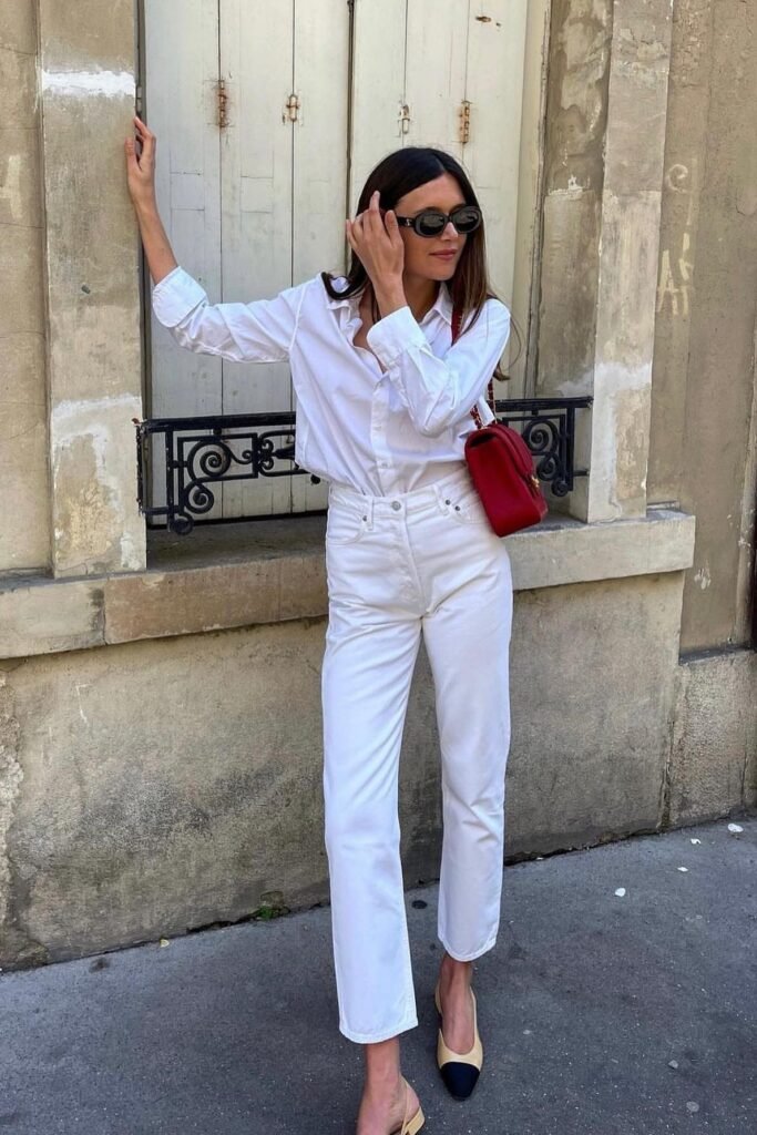 White Button-Down Shirt + White Straight-Leg Jeans + Two-Tone Slingback Flats