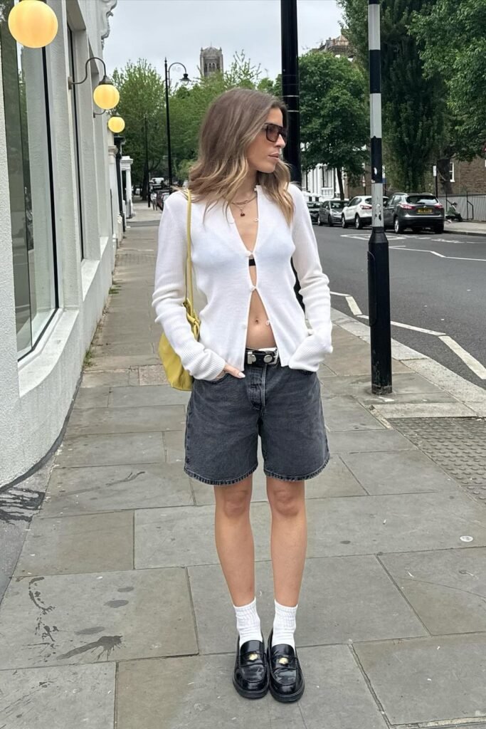 White Button-Up Cardigan + Charcoal Grey Denim Shorts + Black Loafers with White Socks