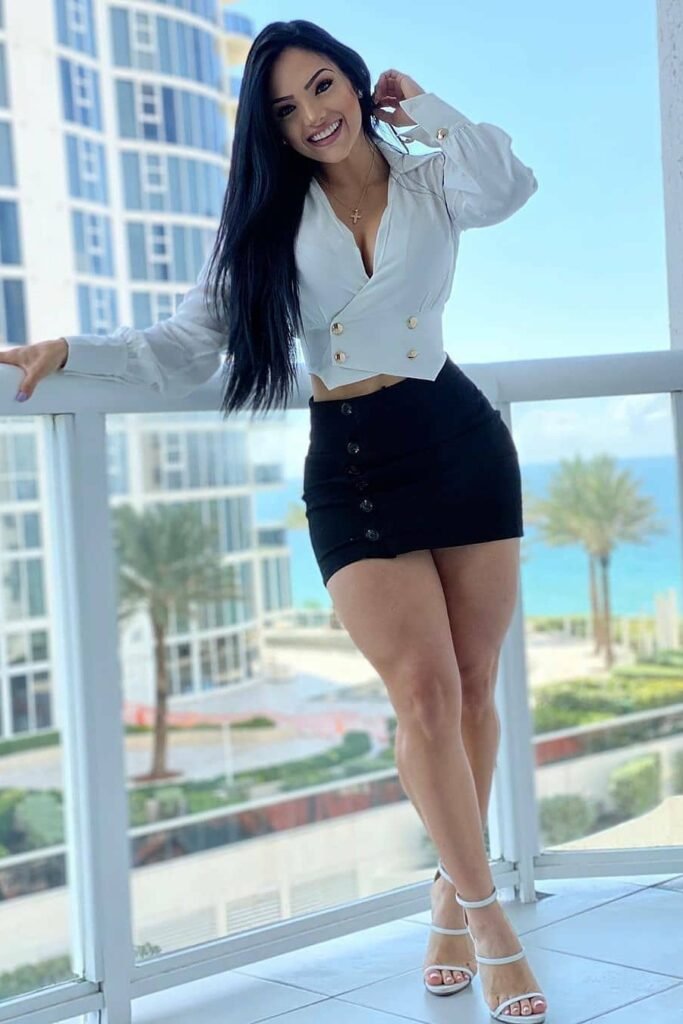White Button-Up Long Sleeve Crop Top + Black Button-Front Mini Skirt + White Strappy Heeled Sandals