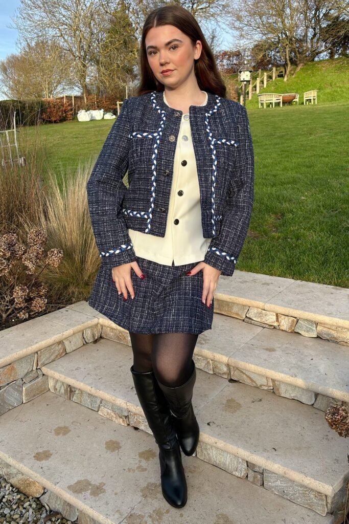White Button-Up Vest + Navy Tweed Cropped Jacket + Navy Tweed Mini Skirt + Black Knee-High Boots