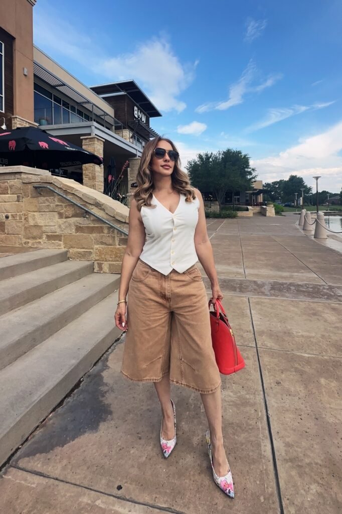 White Button-up Vest + Tan Wide-Leg Culottes + Floral Pointed-Toe Pumps