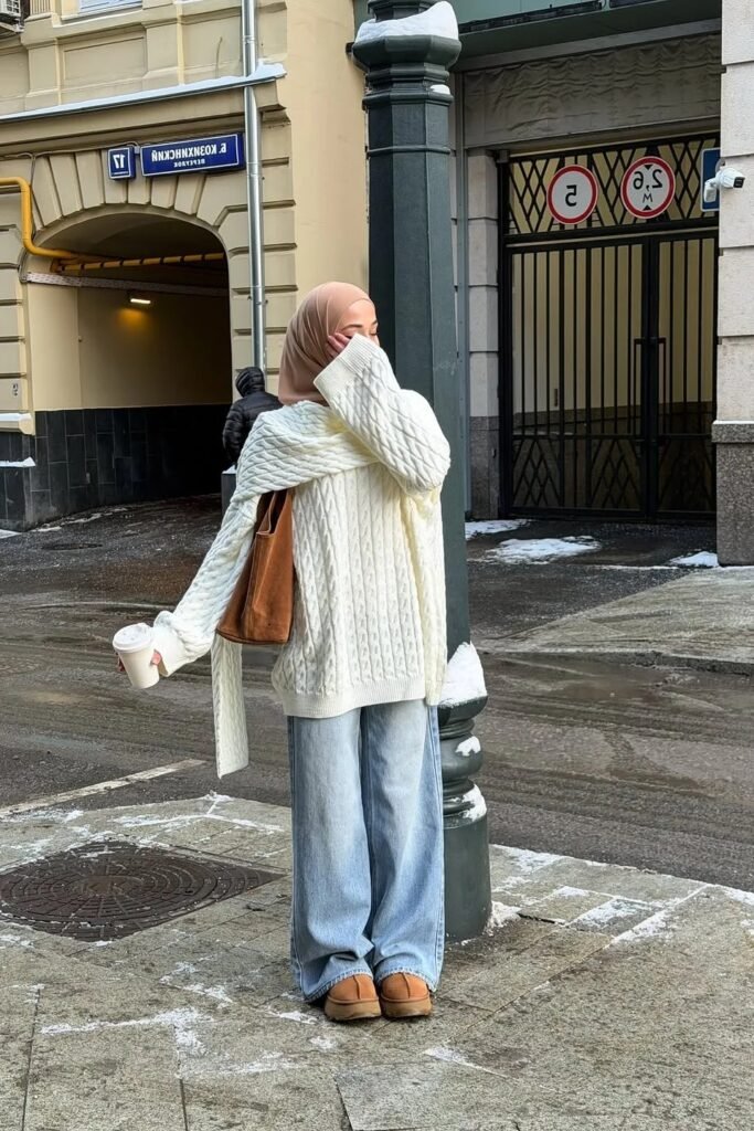 White Cable-Knit Oversized Sweater + Light Wash Wide-Leg Jeans + Tan Suede Boots