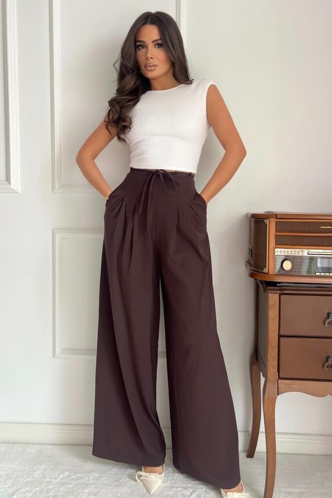 White Cap-Sleeve Ribbed Crop Top + Dark Brown Tie-Waist Wide-Leg Trousers + White Pointed-Toe Heels