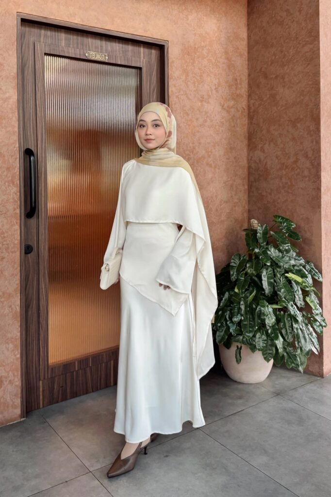 White Cape-Style Top + White Satin Maxi Skirt + Brown Pointed Slingbacks