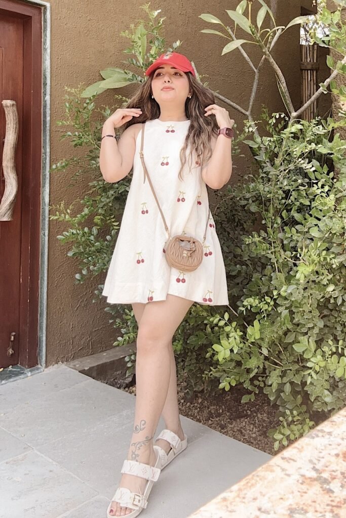 White Cherry Print Mini Dress + Tan Crossbody Bag + White Logo Slides