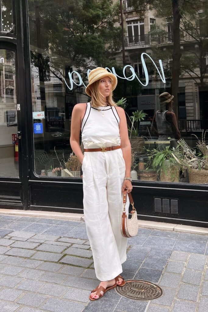 White Contrast-Trim Tank Top + White Linen Wide-Leg Trousers + Brown Leather Sandals