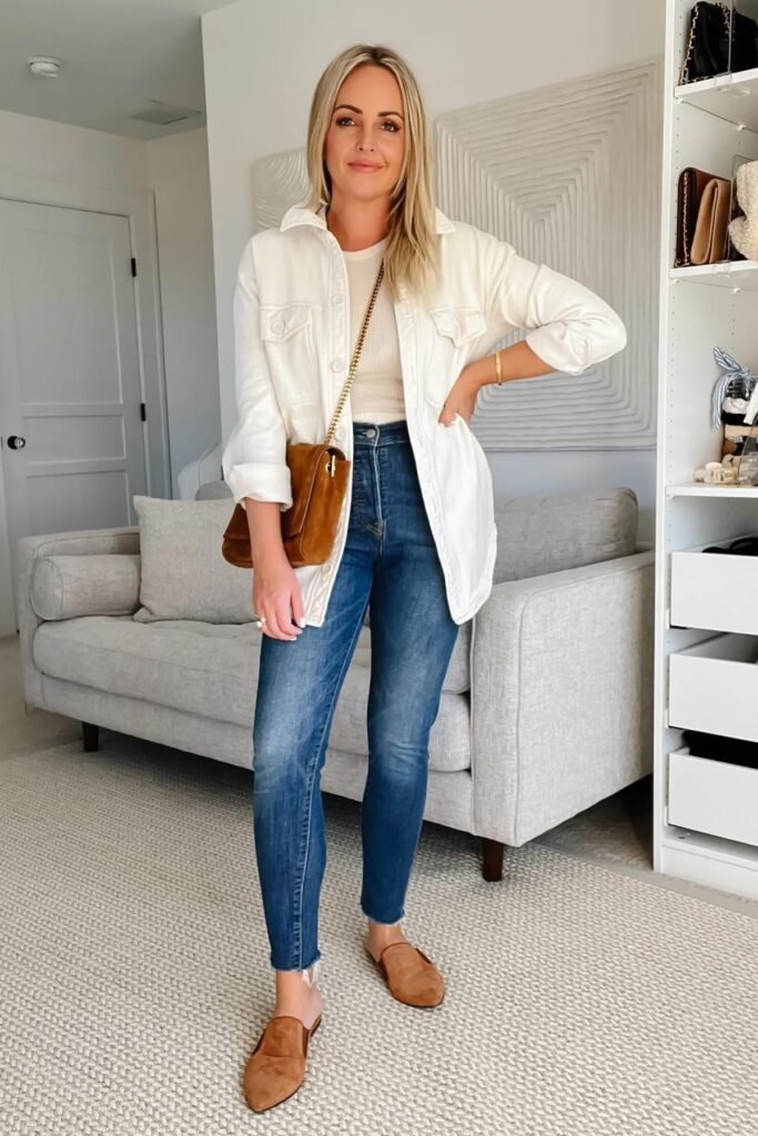 White Corduroy Shirt Jacket + Cream Ribbed Top + Skinny Blue Jeans + Tan Suede Mules