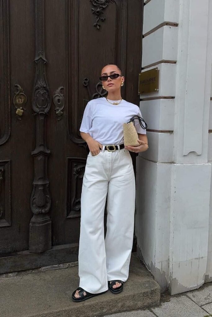 White Crew-Neck T-Shirt + White Wide-Leg Jeans + Black Strappy Sandals