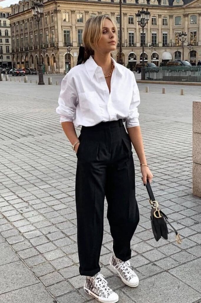 White Crisp Button-Down + Black Pleated Trousers + Monogram High-Top Sneakers