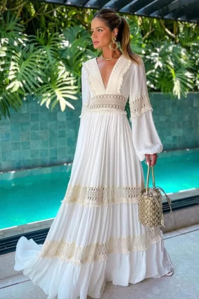 White Crochet Maxi Dress + Gold Hoop Earrings + Gold Cage Bucket Bag