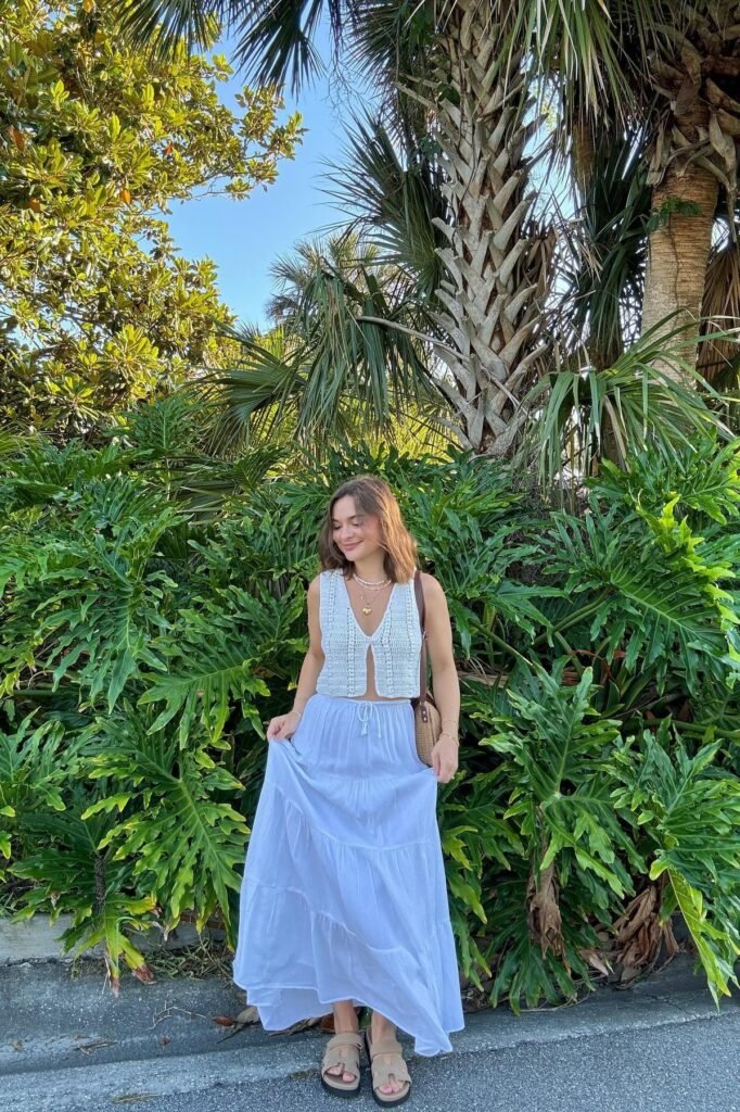 White Crochet Tie-Front Vest + White Tiered Maxi Skirt + Tan Double-Strap Platform Sandals