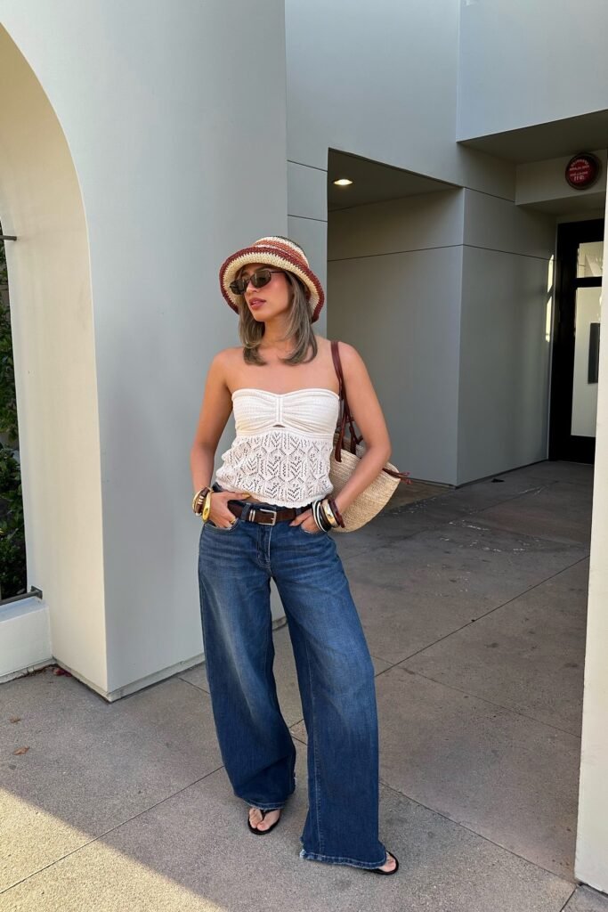 White Crochet Tube Top + Wide-Leg Dark Wash Jeans + Multi-Colored Crochet Bucket Hat + Straw Tote Bag