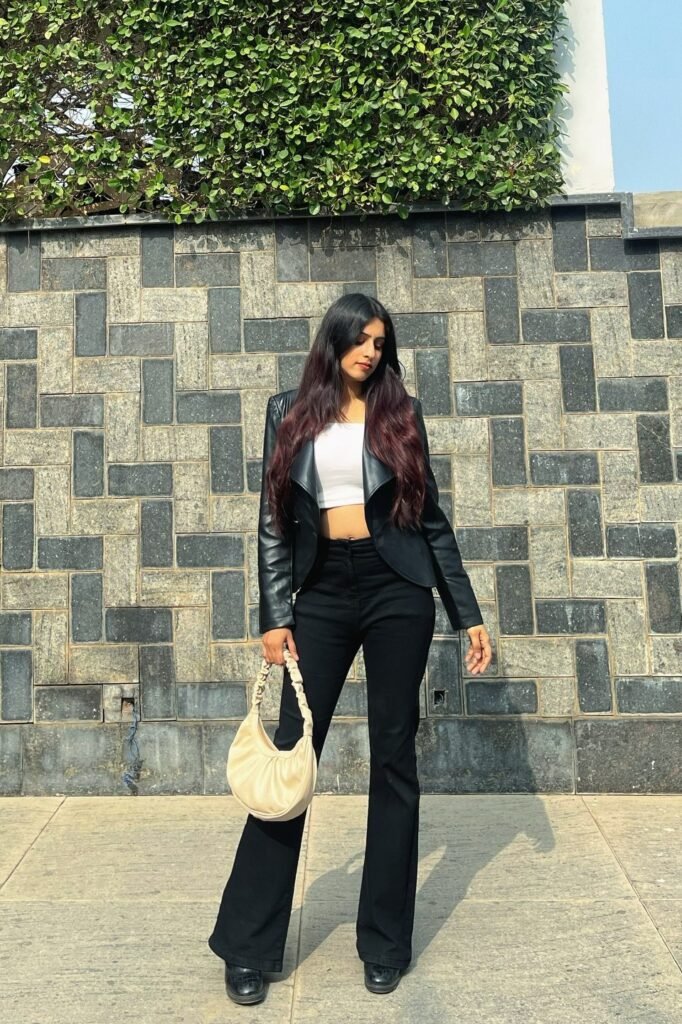 White Crop Top + Black Leather Blazer + Black Flared Trousers + Black Shoes