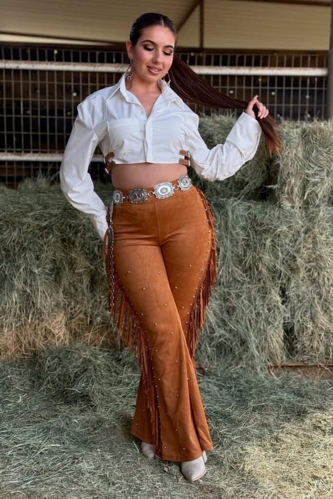 White Cropped Button-Down + Fringed Cognac Suede Flares + Silver Concho Belt