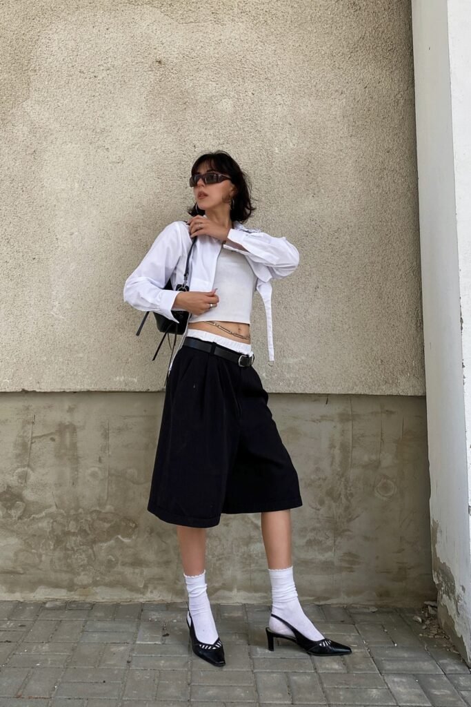 White Cropped Button-Down + White Tank Top + Black Wide-Leg Culottes + Black Slingback Heels with White Socks