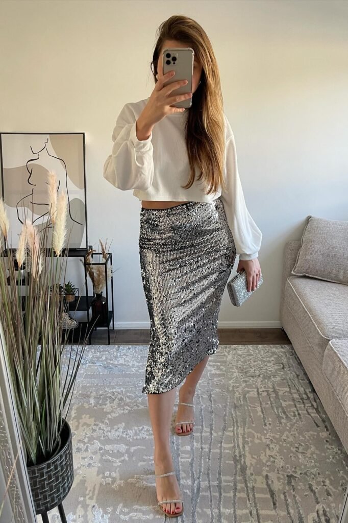 White Cropped Puff-Sleeve Top + Silver Sequin Midi Skirt + Silver Strappy Sandals