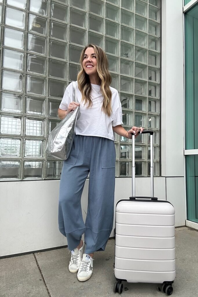 White Cropped T-Shirt + Slate Blue Wide-Leg Lounge Pants + White Star-Patch Sneakers