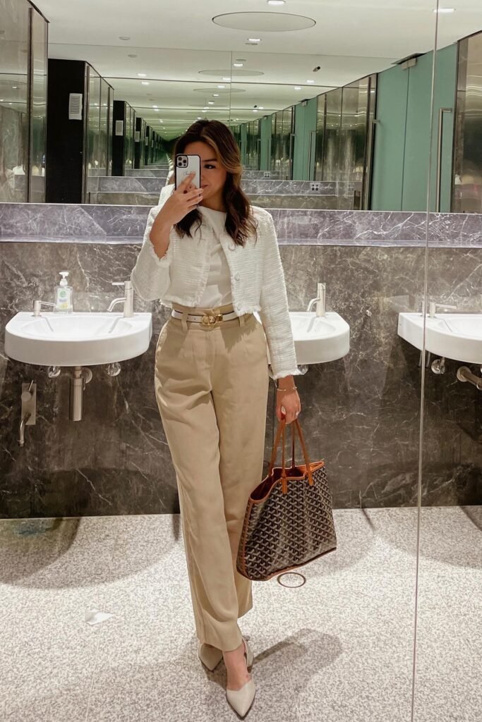 White Cropped Tweed Jacket + White T-Shirt + Sand Beige Tailored Trousers + Cream Pointed Heels