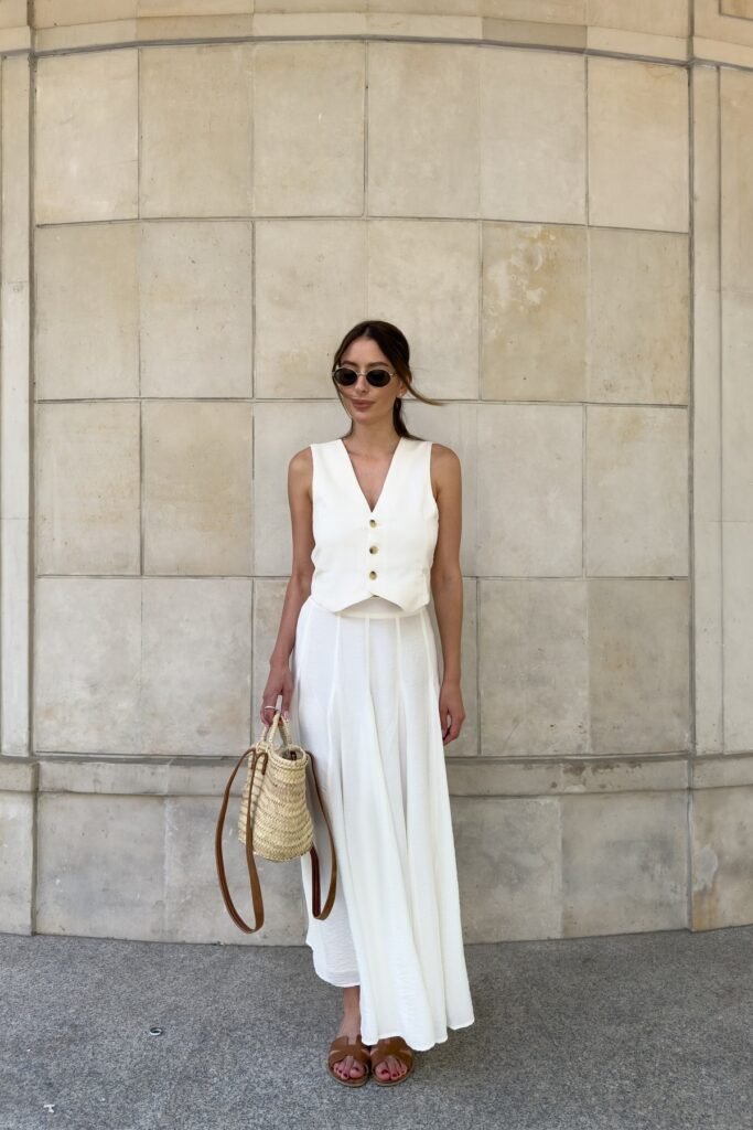 White Cropped V-Neck Vest + White Column Maxi Skirt + Brown Leather Slide Sandals