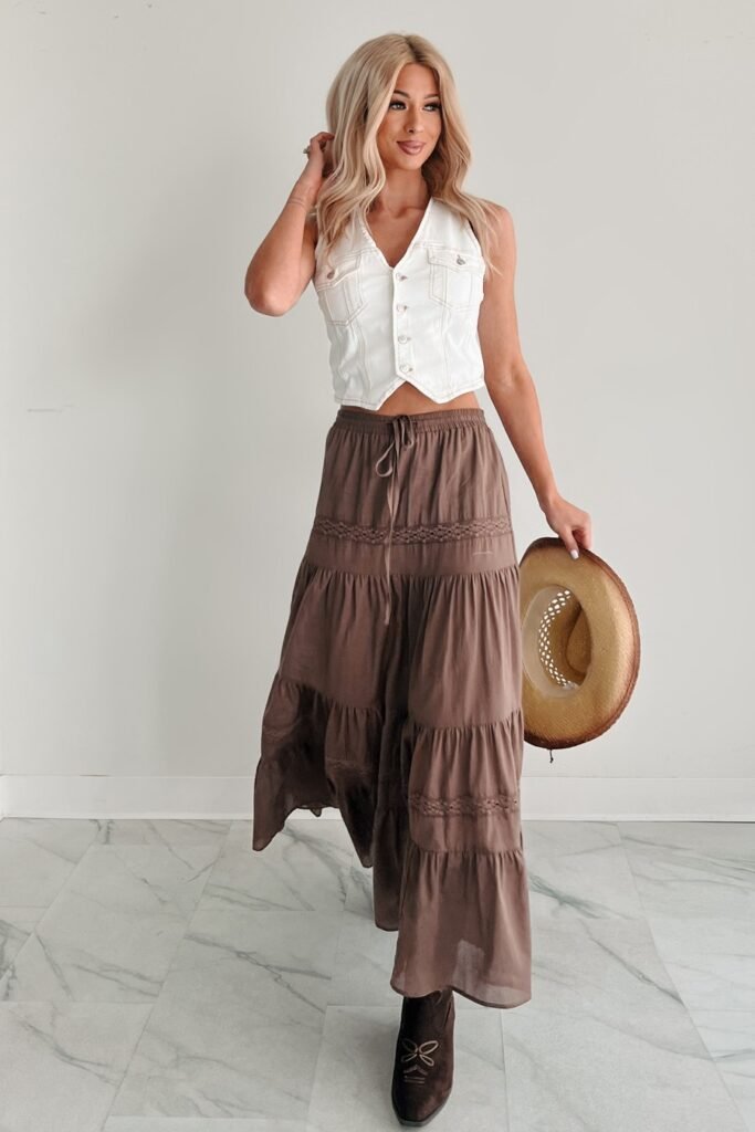 White Denim Button-Up Vest + Tiered Brown Maxi Skirt + Dark Brown Suede Boots