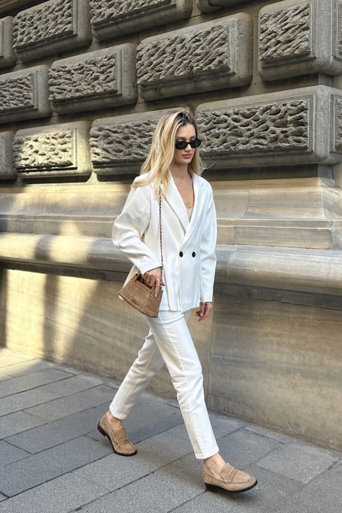 White Double-Breasted Blazer + White Slim Trousers + Beige Suede Loafers