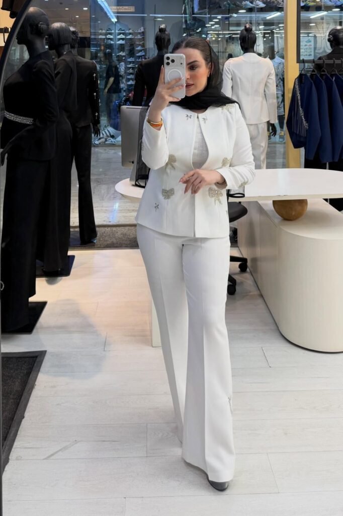 White Embellished Open-Front Jacket + White Matching Top + White Flared Trousers