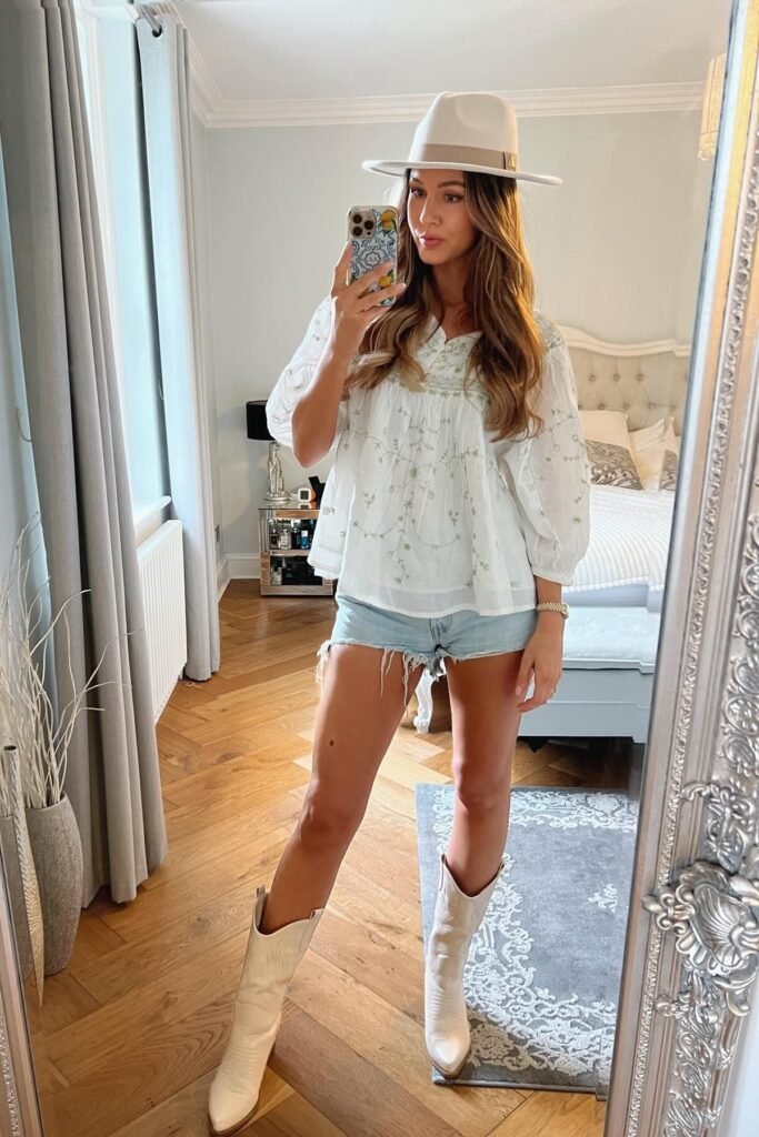 White Embroidered Boho Blouse + Light Wash Denim Cut-Offs + Cream Western Boots