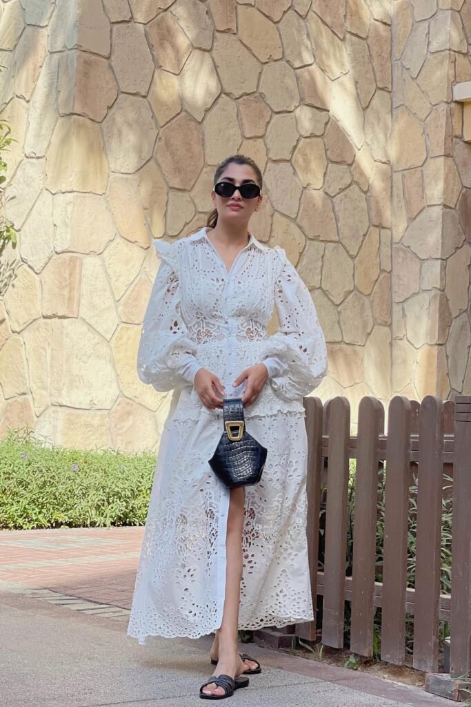 White Eyelet Lace Long-Sleeved Maxi Dress + Black Pointed-Toe Slides + Black Croc-Effect Geometric Handbag