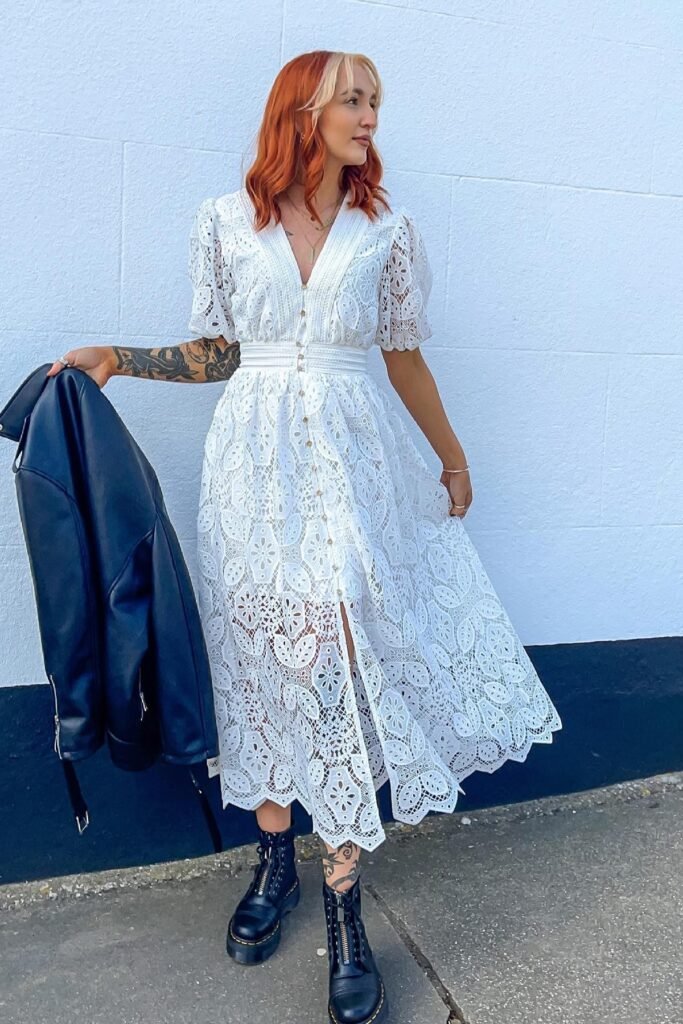 White Eyelet Maxi Dress + Black Leather Jacket + Black Platform Combat Boots