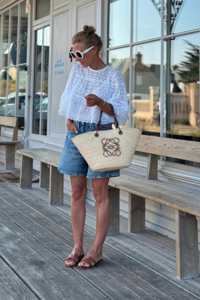 White Eyelet Puff-Sleeve Blouse + Denim Bermuda Shorts + Brown Leather Slides