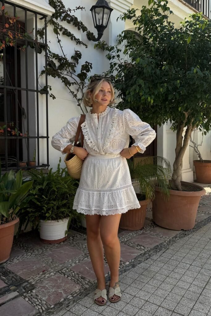  White Eyelet Puff-Sleeve Mini Dress + Woven Slide Sandals