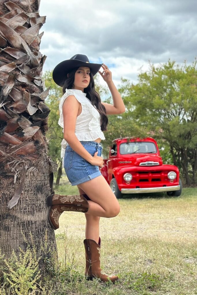 White Eyelet Ruffle Top + Denim Shorts + Brown Floral Embroidered Cowboy Boots